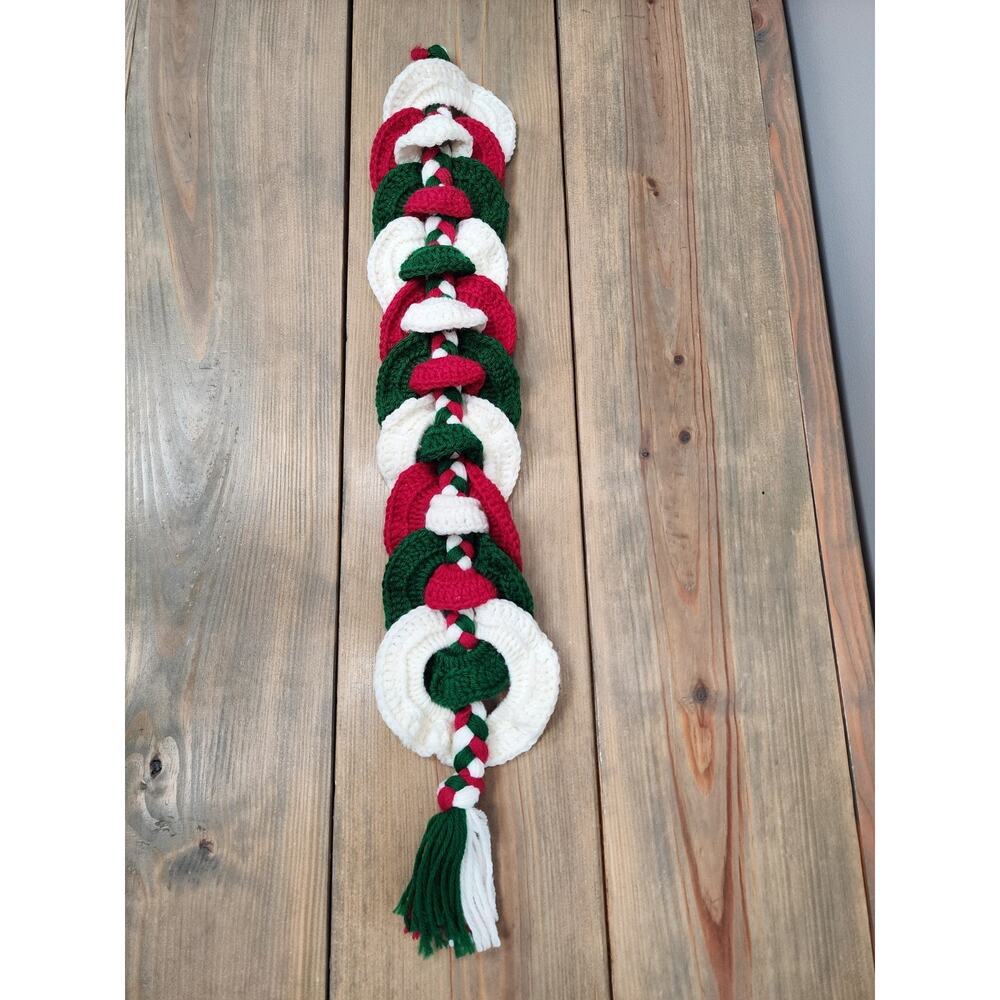 Vintage Christmas Handmade Crochet Door Hanger Wreaths Sleigh Jingle Bells 27”